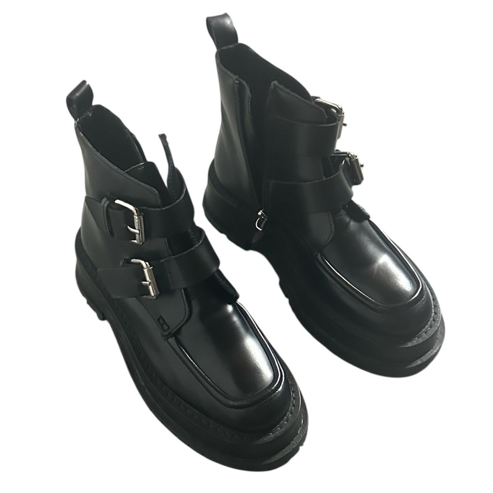 NVW Sleek Black Double Buckle Boots, 8.5